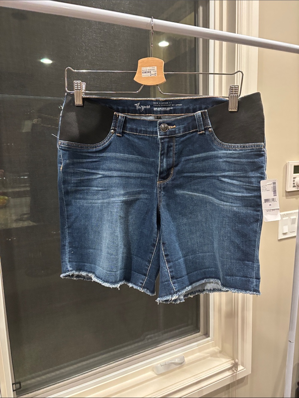 Thyme Maternity Dark Blue Denim Maternity Shorts with Black Waistband